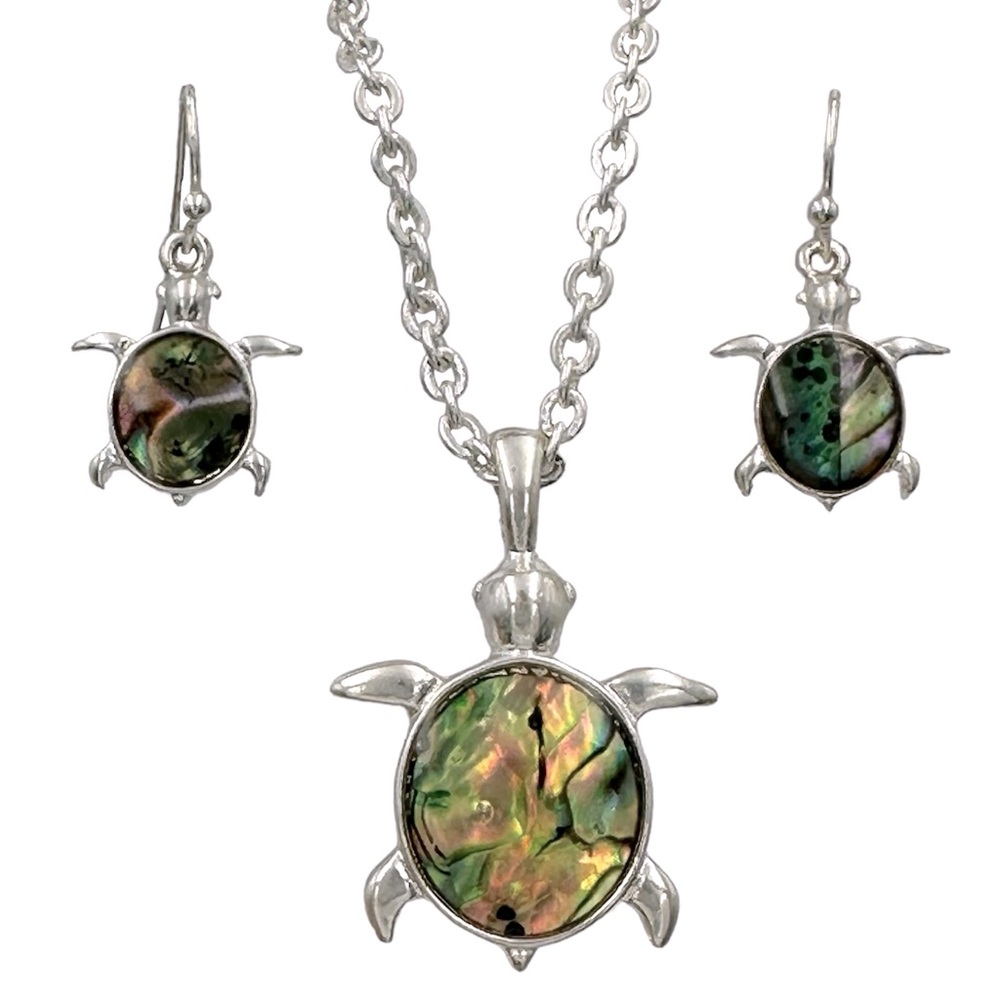 Sea Turtle Abalone Sea Shell Inlay Dainty Silver Tone Necklace earrings Set